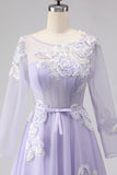 Lilac A Line Corset Appliqued Tulle Long Prom Dress with Long Sleeves