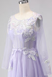 Lilac A Line Corset Appliqued Tulle Long Prom Dress with Long Sleeves