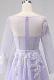 Lilac A Line Corset Appliqued Tulle Long Prom Dress with Long Sleeves