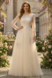 Lilac A Line Corset Appliqued Tulle Long Prom Dress with Long Sleeves