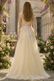 Lilac A Line Corset Appliqued Tulle Long Prom Dress with Long Sleeves