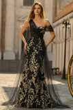 Black Golden Appliqued Mermaid One Shoulder Sequins Long Formal Dress with Streamer