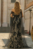 Black Golden Appliqued Mermaid One Shoulder Sequins Long Formal Dress with Streamer