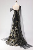 Black Golden Appliqued Mermaid One Shoulder Sequins Long Formal Dress with Streamer