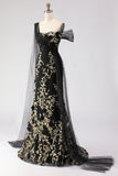 Black Golden Appliqued Mermaid One Shoulder Sequins Long Formal Dress with Streamer