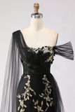 Black Golden Appliqued Mermaid One Shoulder Sequins Long Formal Dress with Streamer