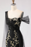 Black Golden Appliqued Mermaid One Shoulder Sequins Long Formal Dress with Streamer