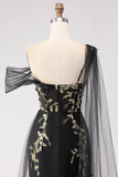 Black Golden Appliqued Mermaid One Shoulder Sequins Long Formal Dress with Streamer