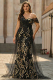 Black Golden One Shoulder 3D Flower Mermaid Long Plus Size Prom Dress