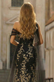 Black Golden One Shoulder 3D Flower Mermaid Long Plus Size Prom Dress