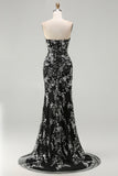 Black Mermaid Strapless Appliqued Long Prom Dress with Beading