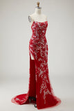 Red Mermaid Strapless Appliqued Long Prom Dress with Beading