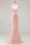 Blush Mermaid Sweetheart Corset Sequin Long Prom Dress with Beading