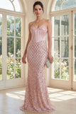 Sparkly Blush Mermaid Sweetheart Corset Sequin Long Formal Dress with Beading