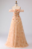 Champagne Off The Shoulder Floral A-Line Convertible Long Prom Dress