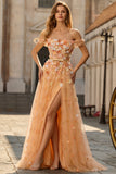 Champagne Off The Shoulder Floral A-Line Convertible Long Prom Dress