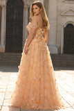 Champagn Appliqued A-Line Off The Shoulder Convertible Long Plus Size Prom Dress