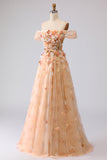 Champagne Off The Shoulder Floral A-Line Convertible Long Prom Dress
