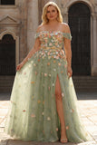Champagn Appliqued A-Line Off The Shoulder Convertible Long Plus Size Prom Dress