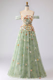 Champagne Off The Shoulder Floral A-Line Convertible Long Prom Dress