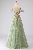 Champagne Off The Shoulder Floral A-Line Convertible Long Prom Dress