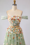 Champagne Off The Shoulder Floral A-Line Convertible Long Prom Dress