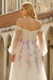 White Off The Shoulder A-Line Tulle Embroidered Long Plus Size Dress with Sequins