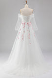 Off The Shoulder White A-Line Embroidered Tulle Long Prom Dress with Sequins