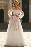 White A-Line Off The Shoulder Embroidered Tulle Long Prom Dress with Sequins