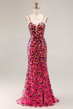 Fuchsia Leopard Mermaid Sequins Spaghetti Straps Long Prom Dress With Slit