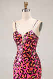 Fuchsia Leopard Mermaid Sequins Spaghetti Straps Long Prom Dress With Slit