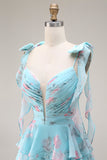 Blue Pink Flower A Line Ruffled Tiered Chiffon Long Prom Dress with Slit