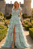 Blue Pink Flower A Line Ruffled Tiered Chiffon Long Prom Dress with Slit