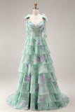 Blue Pink Flower A Line Ruffled Tiered Chiffon Long Prom Dress with Slit