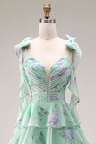 Blue Pink Flower A Line Ruffled Tiered Chiffon Long Prom Dress with Slit