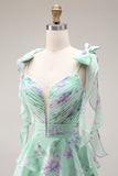 Blue Pink Flower A Line Ruffled Tiered Chiffon Long Prom Dress with Slit