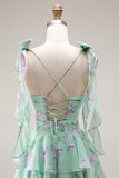 Blue Pink Flower A Line Ruffled Tiered Chiffon Long Prom Dress with Slit