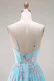 Blue Pink Flower A Line Ruffled Corset Spaghetti Straps Chiffon Long Prom Dress