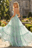 Blue Pink Flower A Line Ruffled Corset Spaghetti Straps Chiffon Long Prom Dress