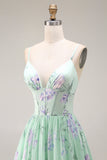 Blue Pink Flower A Line Ruffled Corset Spaghetti Straps Chiffon Long Prom Dress