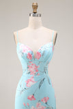 Blue Pink Flower Mermaid Spaghetti Straps Long Prom Dress