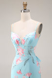 Blue Pink Flower Mermaid Spaghetti Straps Long Prom Dress
