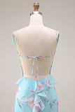 Blue Pink Flower Mermaid Spaghetti Straps Long Prom Dress