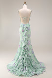 Blue Pink Flower Mermaid Spaghetti Straps Long Prom Dress