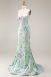 Blue Pink Flower Mermaid Spaghetti Straps Long Prom Dress
