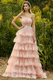 Strapless Tiered Ruffle A Line Blush Corset Sequin Long Prom Dress with Slit