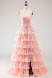 Blush Strapless Tiered Ruffle A Line Sequins Corset Long Prom Dress with Slit