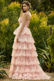 Strapless Tiered Ruffle A Line Blush Corset Sequin Long Prom Dress with Slit
