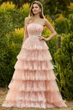 Strapless Tiered Ruffle A Line Blush Corset Sequin Long Prom Dress with Slit