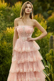 Strapless Tiered Ruffle A Line Blush Corset Sequin Long Prom Dress with Slit